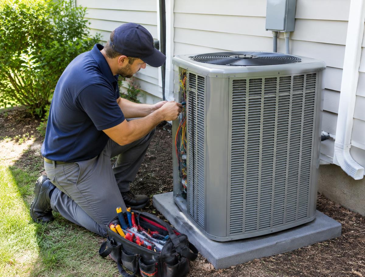 HVAC technician servicing a condenser unit