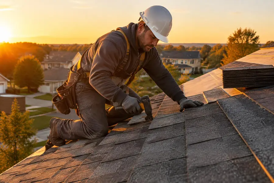 Roofer installing shingles at golden hour