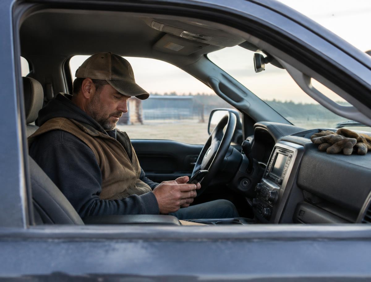 Contractor checking his phone in a truck cab